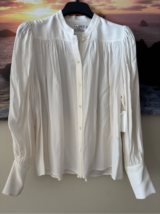Frame Denim Tops - Frame Denim Ivory Pleated Band-Collar Button-Down Chloe Silk Blouse/ S/ NWT